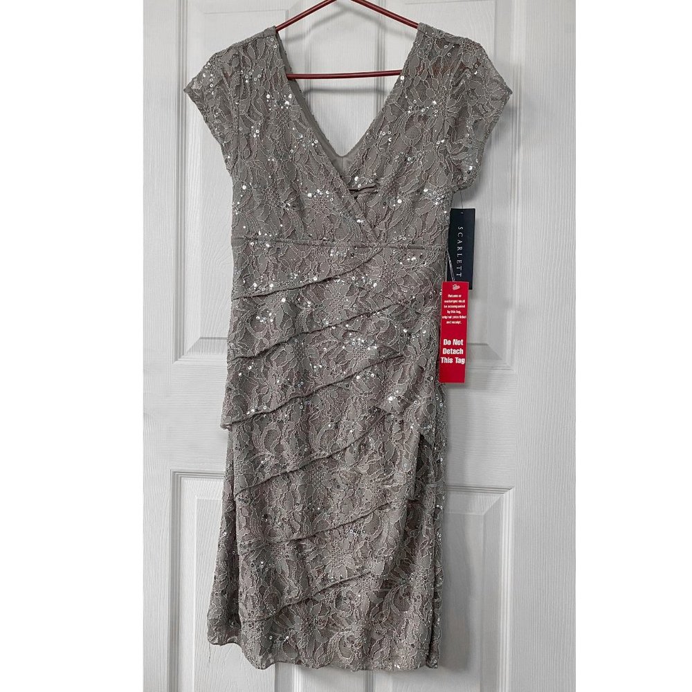 “Scarlet”- Size 10 taupe lace  party dress with small cap sleeves